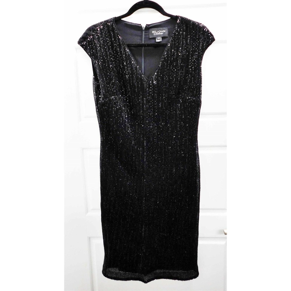 St‎ John Couture Black Beaded Sequin Stretchy Evening Dress sz 4